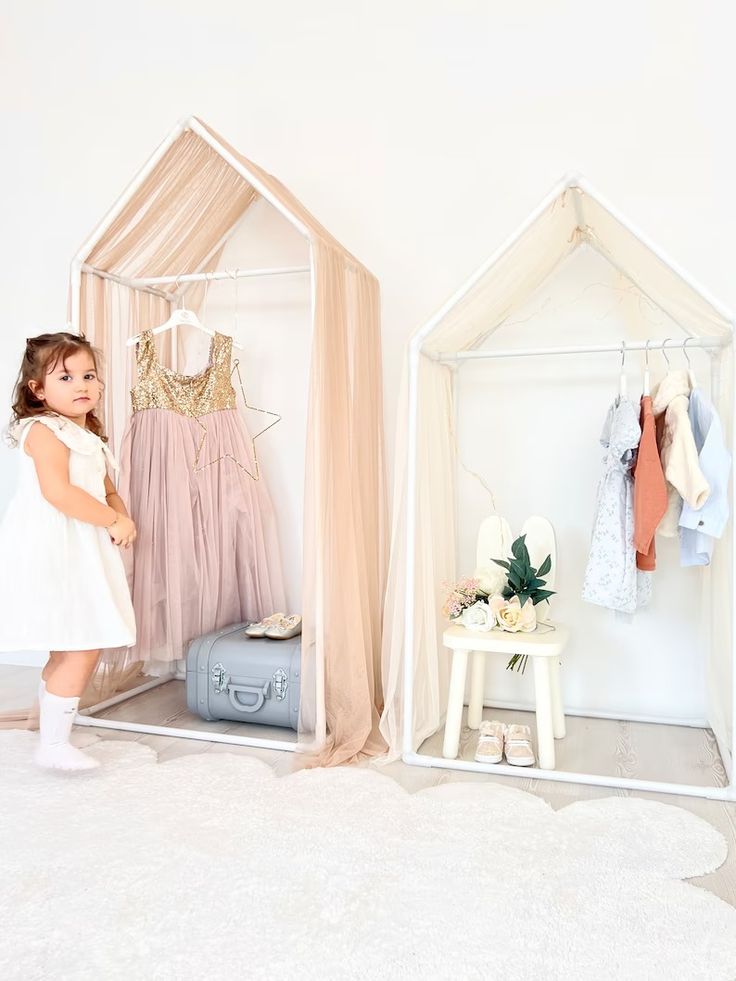 Kids Closet Costume Organizer Dress up Garment Rack Open Wardrobe Montessori Wardrobe Kid Dress up Storage Kids Montessori Wardrobe - Etsy Dress Up Playroom, Girls Dress Up Area, Kids Dress Up Area, Dress Up Storage Ideas, Ivy Bedding, Dressing Up Storage Kids, Wardrobe Montessori, Doll Clothes Storage Ideas, Dress Up Rack