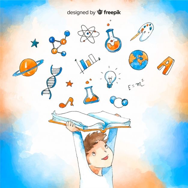 a young boy holding up a book in front of his head with science icons coming out of it