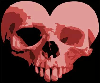 a heart shaped skull is shown in red and pink colors on a black background with the word love written below it