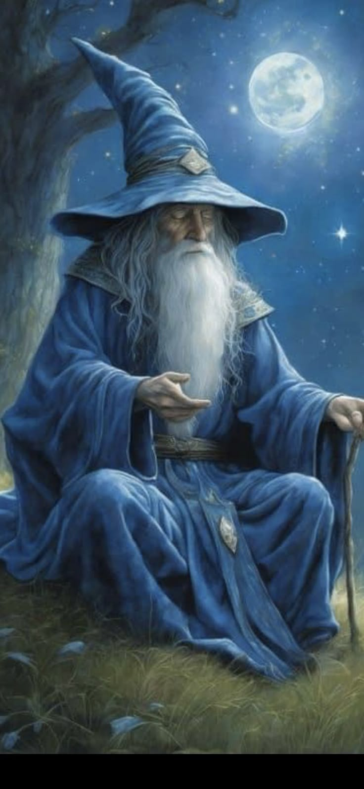 a painting of an old wizard sitting in the grass