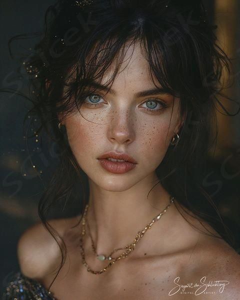 a woman with freckled hair and blue eyes