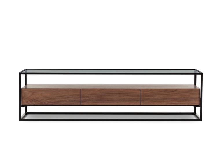 the sideboard with two drawers is made from wood and metal, it has a glass top