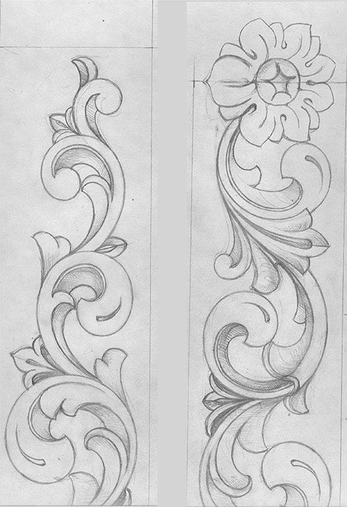 two drawings of flowers and scrolls on paper