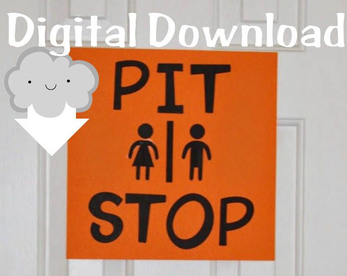 an orange and black sign that says, digital download pit stop on the front door