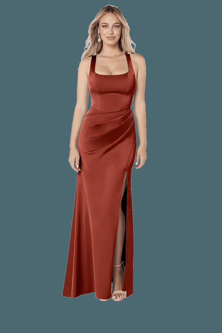 a woman in a long red dress