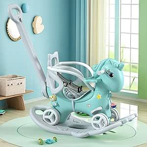 a blue rocking horse in a child's room