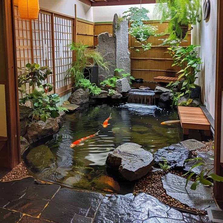 a japanese style garden with koi fish in the pond