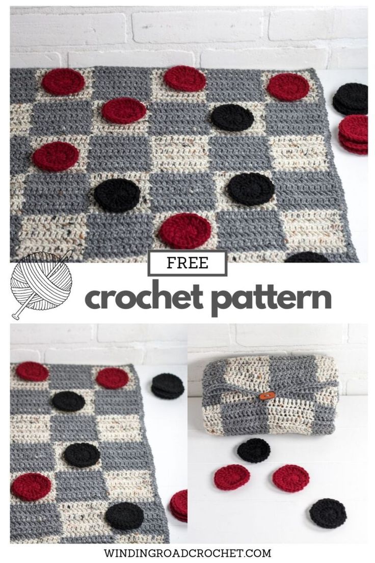 the crocheted rug is shown with red and black circles on it, along with two