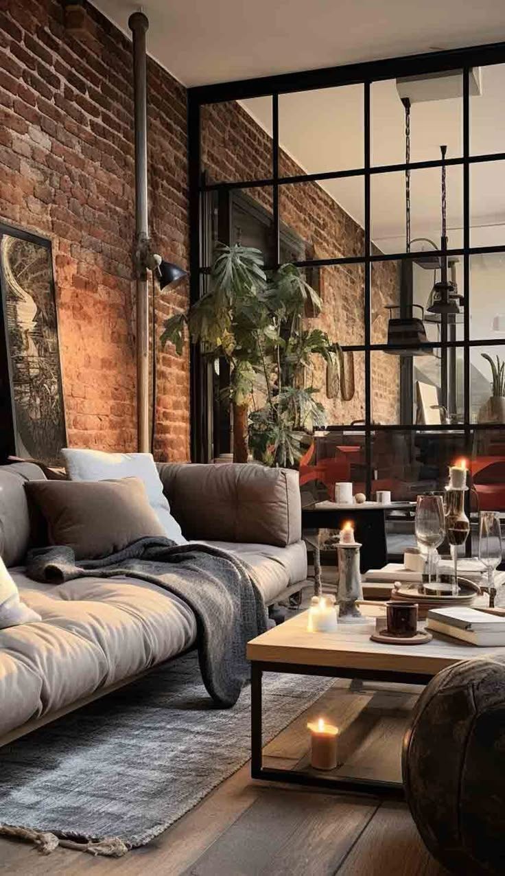 a living room filled with furniture next to a brick wall covered in lots of windows