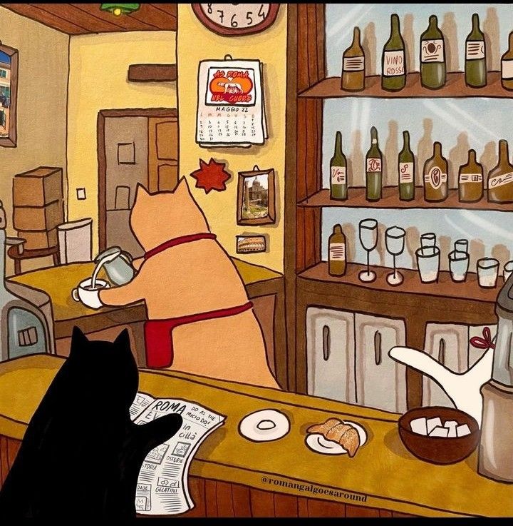 a cat is sitting at the bar looking at another cat who is on the counter