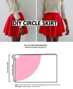 a woman in a white shirt and red skirt with the text diy circle skirt