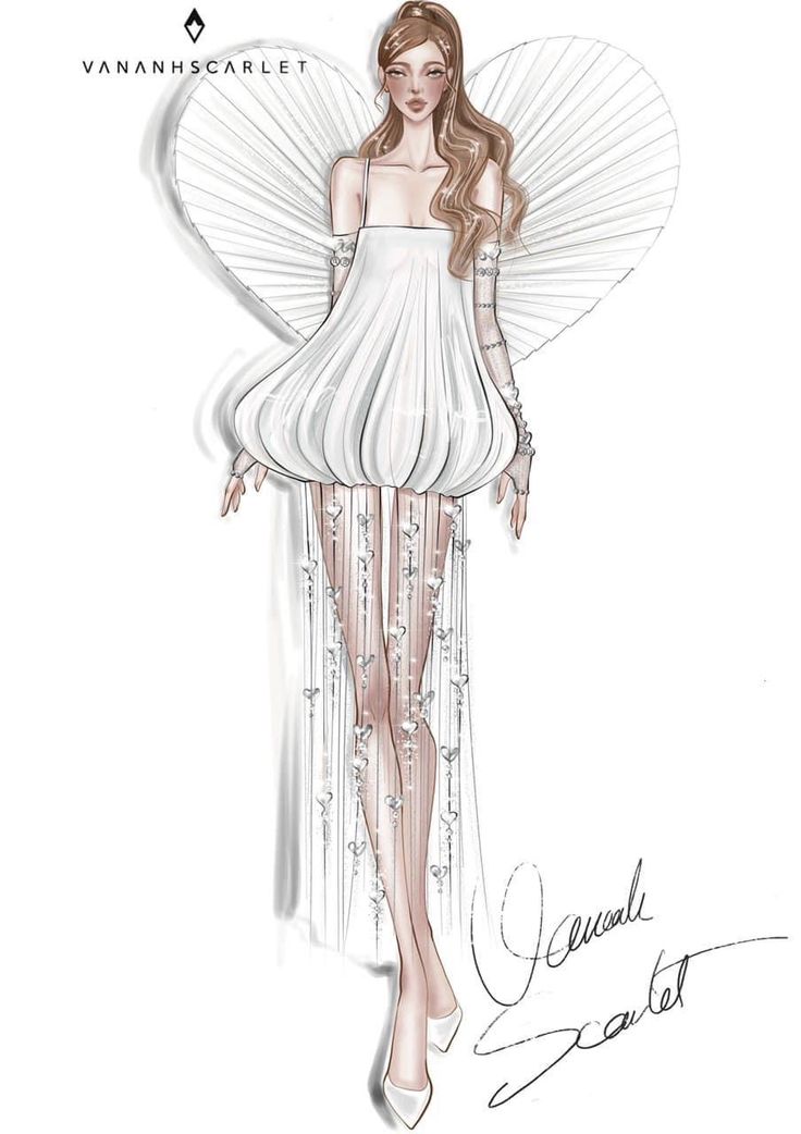 a drawing of a woman in a white dress with wings on her head and legs