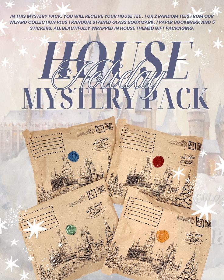 three pillows with stamps on them sitting in front of snowflakes and the words, house holiday mystery pack