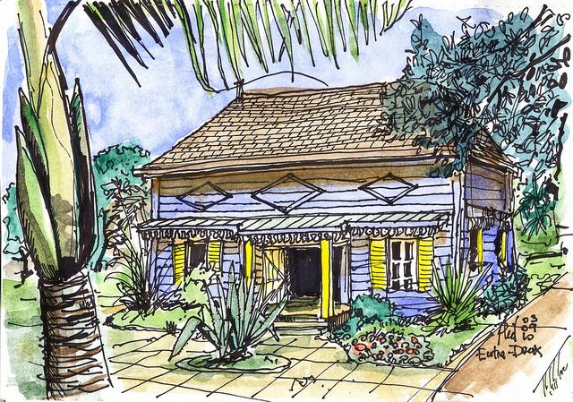 a drawing of a house with yellow shutters on the front and green trees behind it