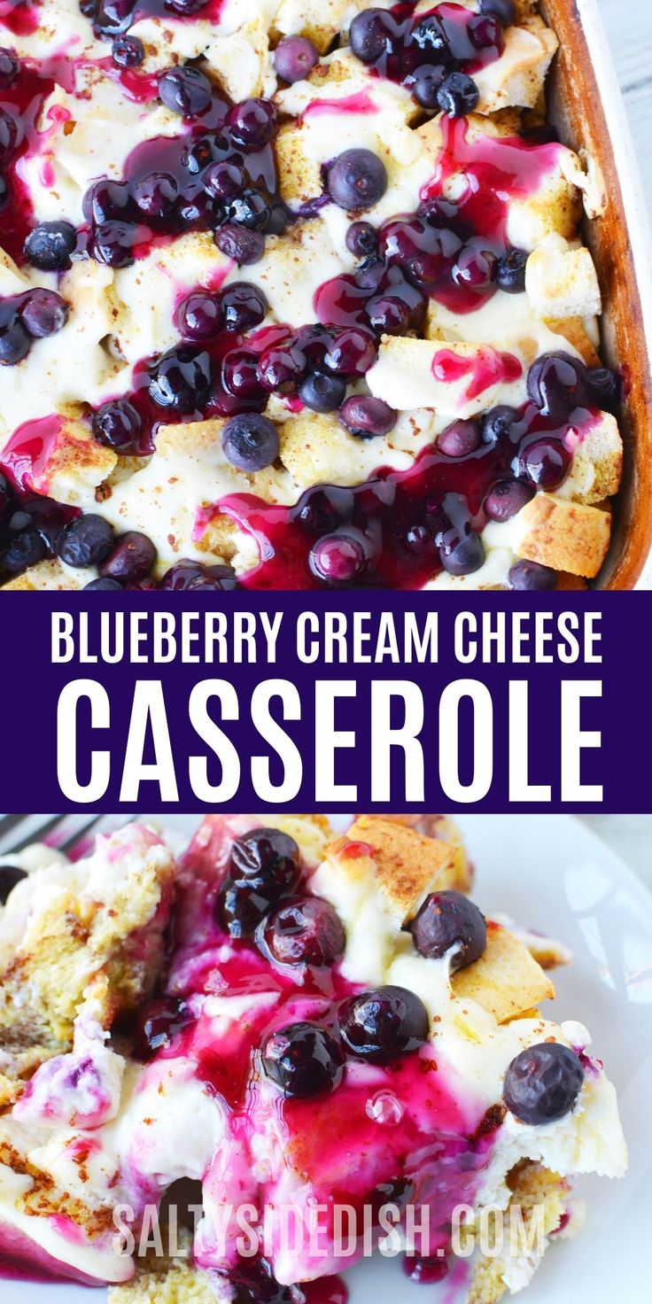 blueberry cream cheese casserole on a white plate with the title above it