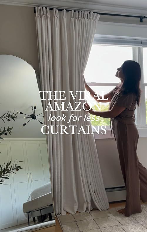 a woman standing in front of a window next to a white curtain with the words, the vii amazo look for less curtains