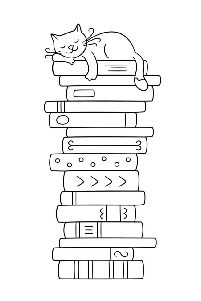 a black and white drawing of a cat sleeping on top of a stack of books