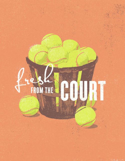 a bunch of tennis balls sitting in a basket with the words fresh from the court