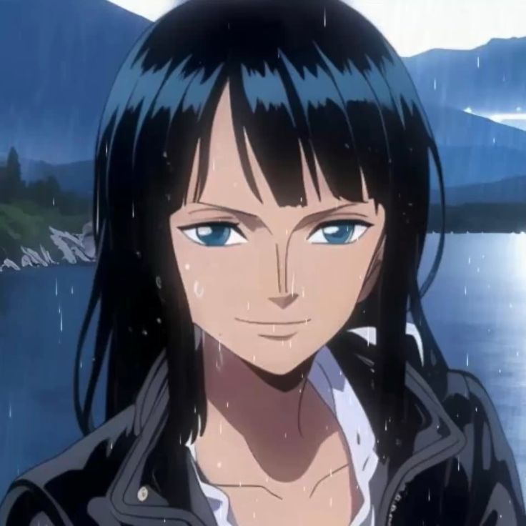 an anime character with long black hair and blue eyes standing in the rain near water