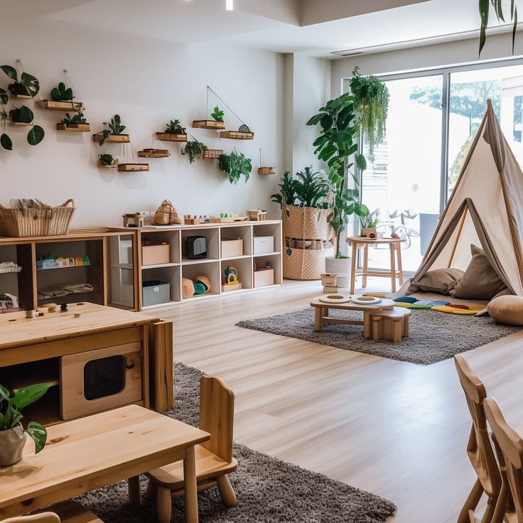 a child's playroom with wooden furniture and potted plants