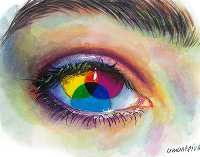 an eye with the colors of rainbow in it's irise, painted by watercolor