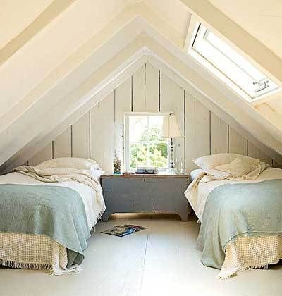 two beds in a room with slanted ceilings