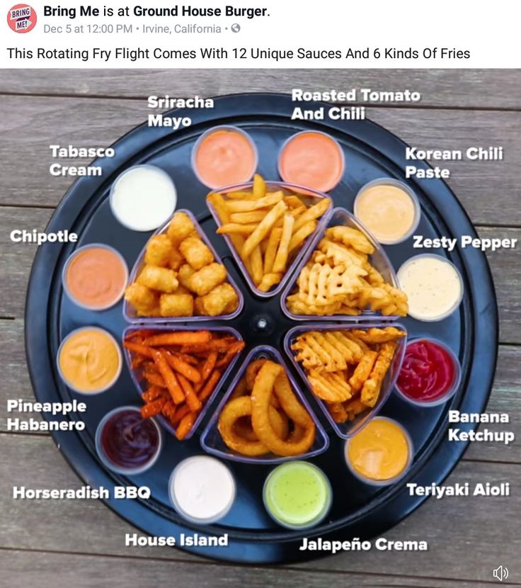 a plate filled with different types of fries and sauces on top of a wooden table