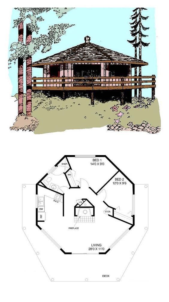 the floor plan for this log cabin has two levels and is very small, but it's also large enough to fit in