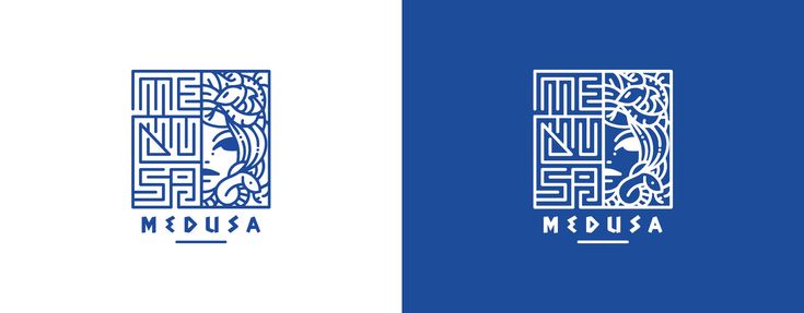 two logos for the museum, with blue and white designs on one side and black and white design on the other