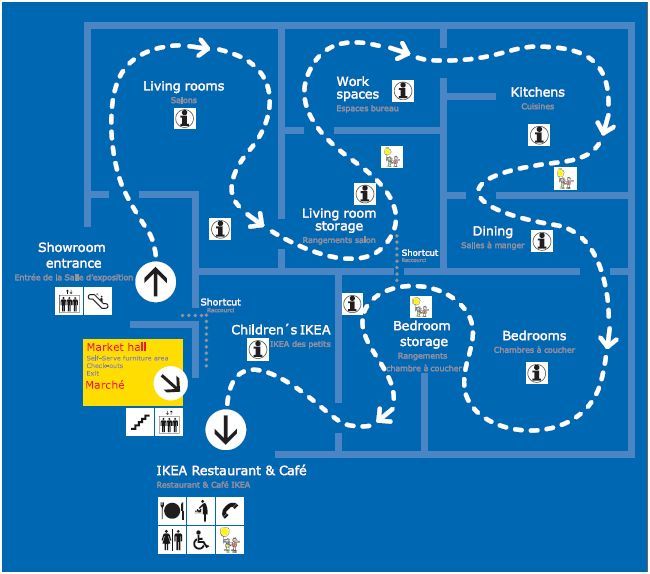 a blue map with white arrows pointing to different locations in the area and directions on it