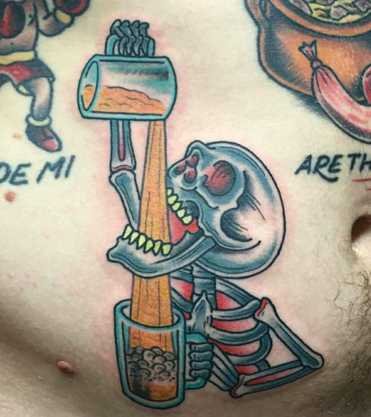 a man with tattoos on his chest has a skeleton holding a blender in it's hand