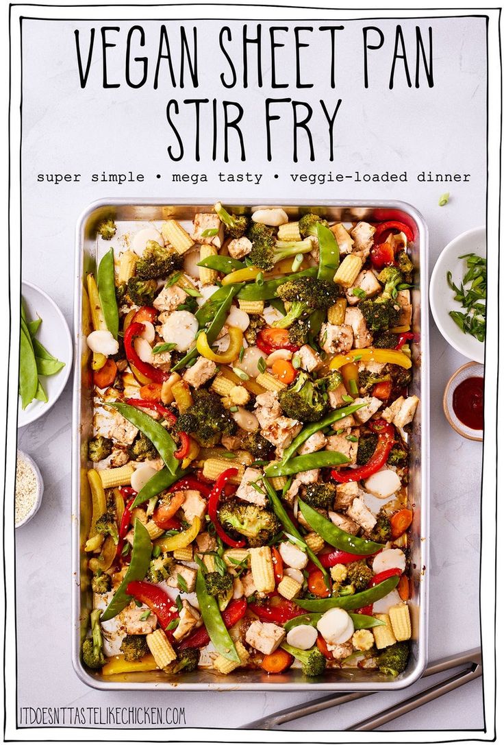 an overhead view of a vegetarian sheet pan stir fry