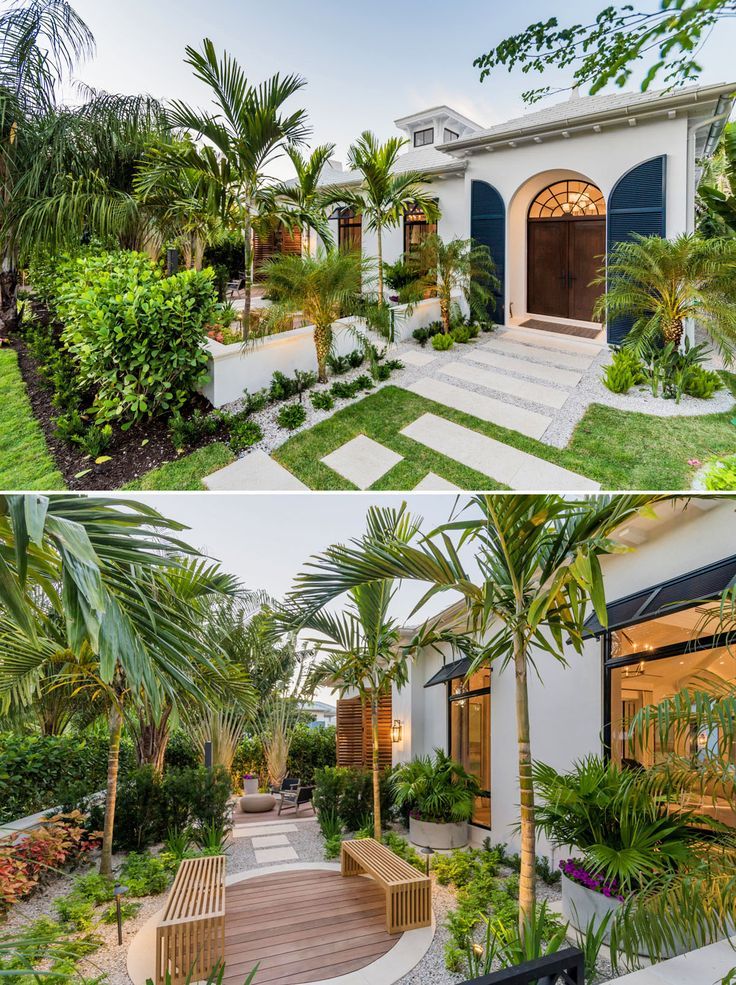 two pictures of a house with palm trees and landscaping