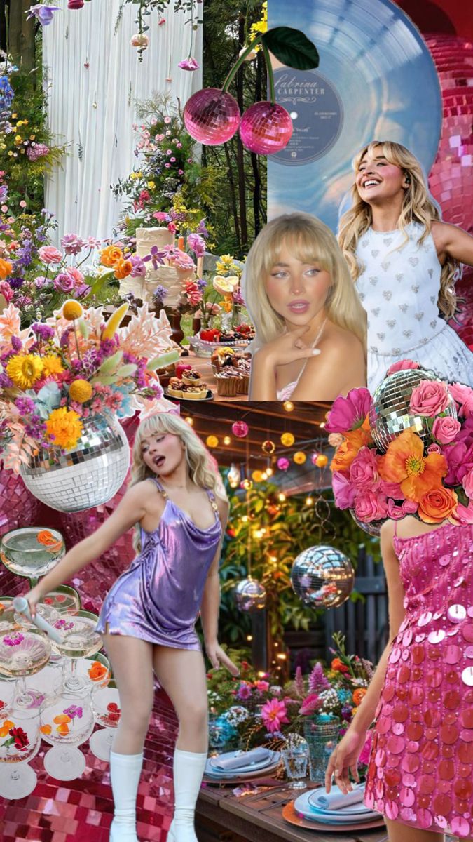 the collage shows two women in pink dresses and one is holding a plate with flowers on it