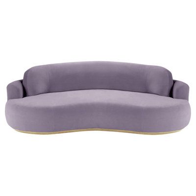 an oval shaped couch with a wooden base and purple upholstered fabric, on a white background