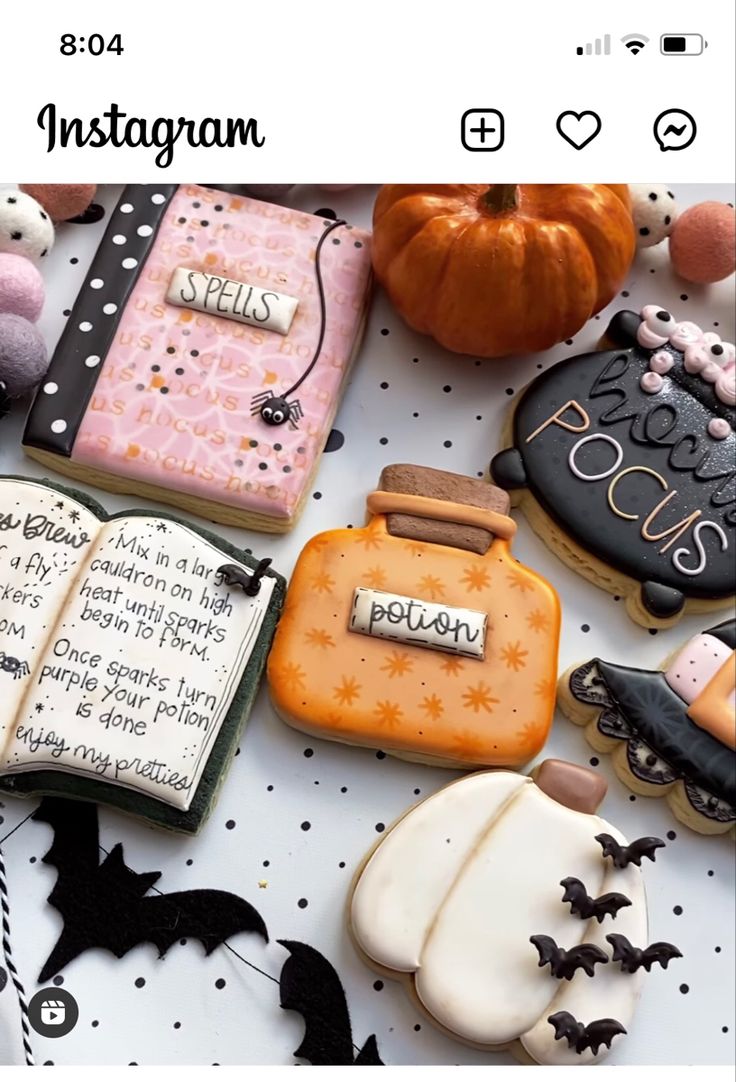 an instagram page with halloween cookies and writing on the pages, including pumpkins