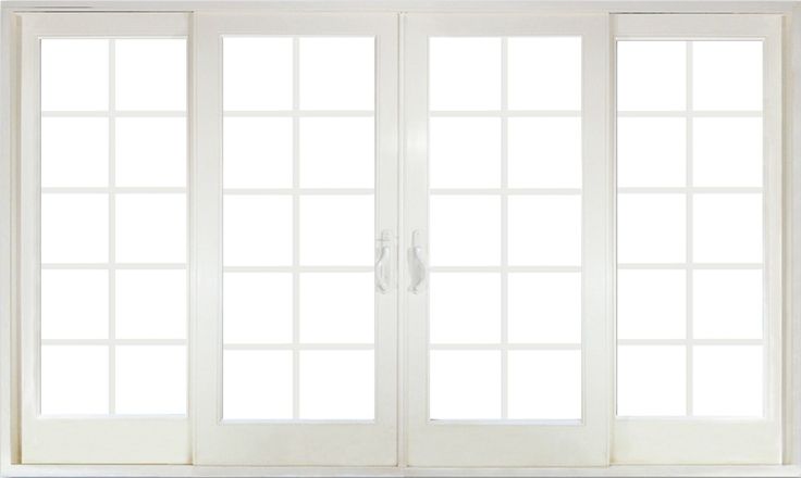 an empty room with two white doors and windows