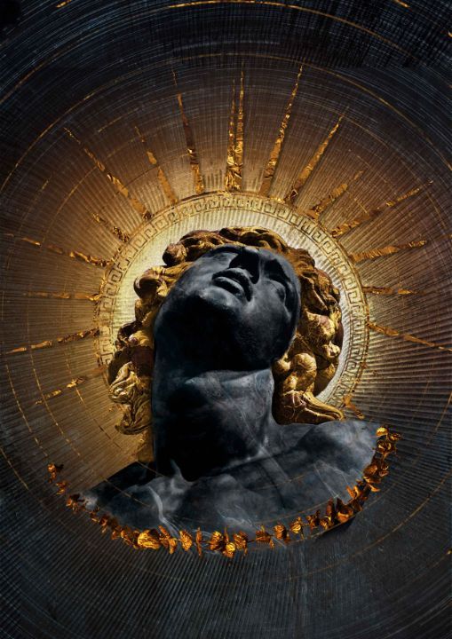 the head and shoulders of a statue are shown against a black background with gold accents