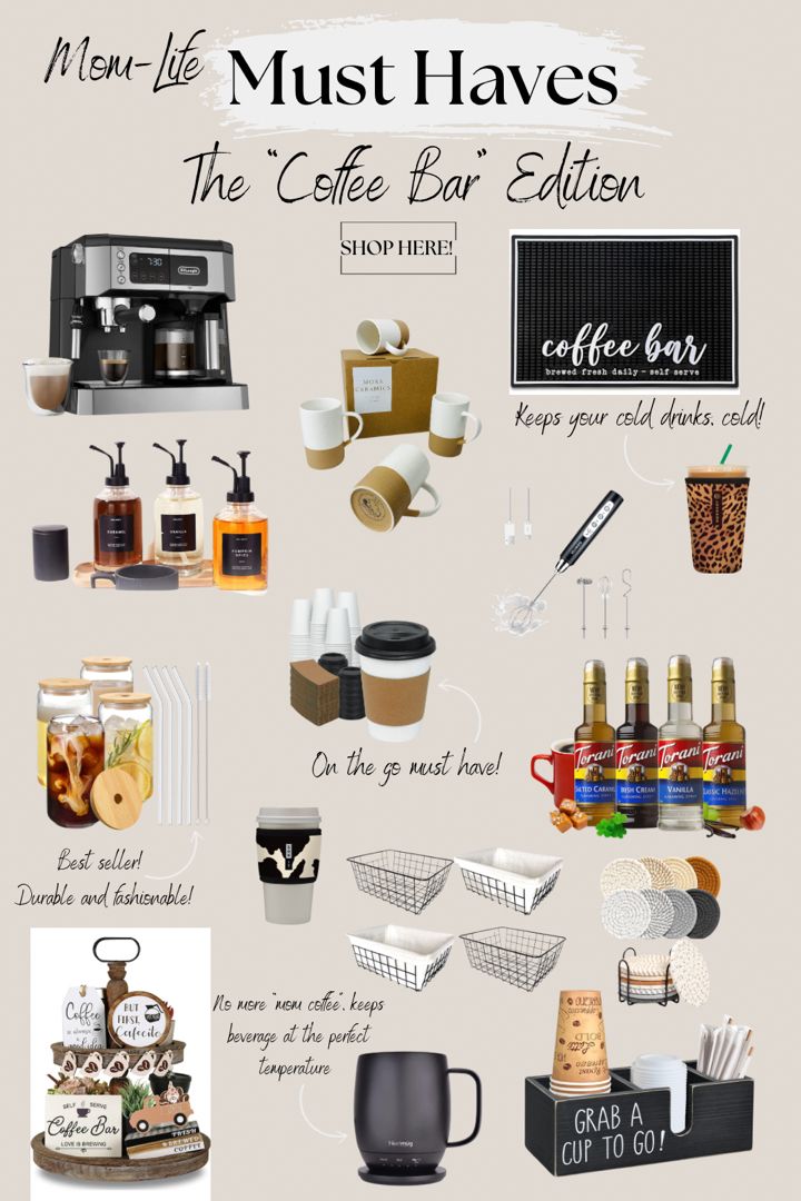 Trending and tried and true coffee bar essentials for all coffee lovers! Kitchen Decor Themes Coffee, Coffee Essentials, Household Necessities, Coffee Theme Kitchen, Coffee Bar Accessories, Fun Diy Projects, Coin Café, Coffee Bar Station, Bar Cups