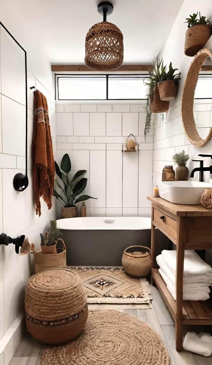 a bathroom with white tile and wooden accents, including rugs on the floor next to the bathtub