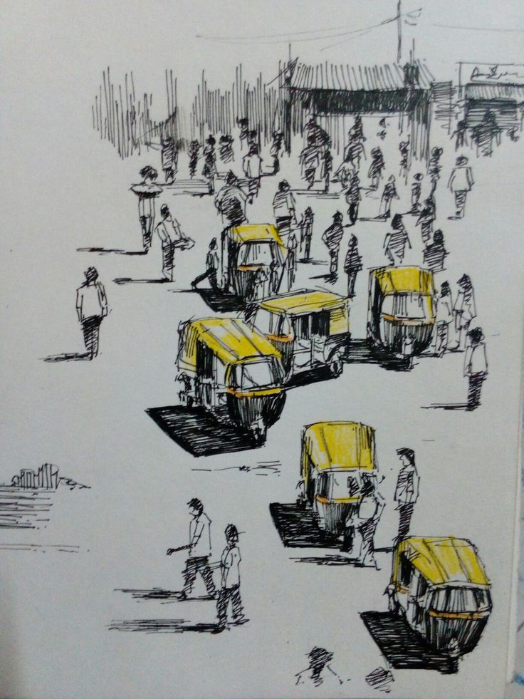 a drawing of people walking and riding on the street in front of yellow buses,