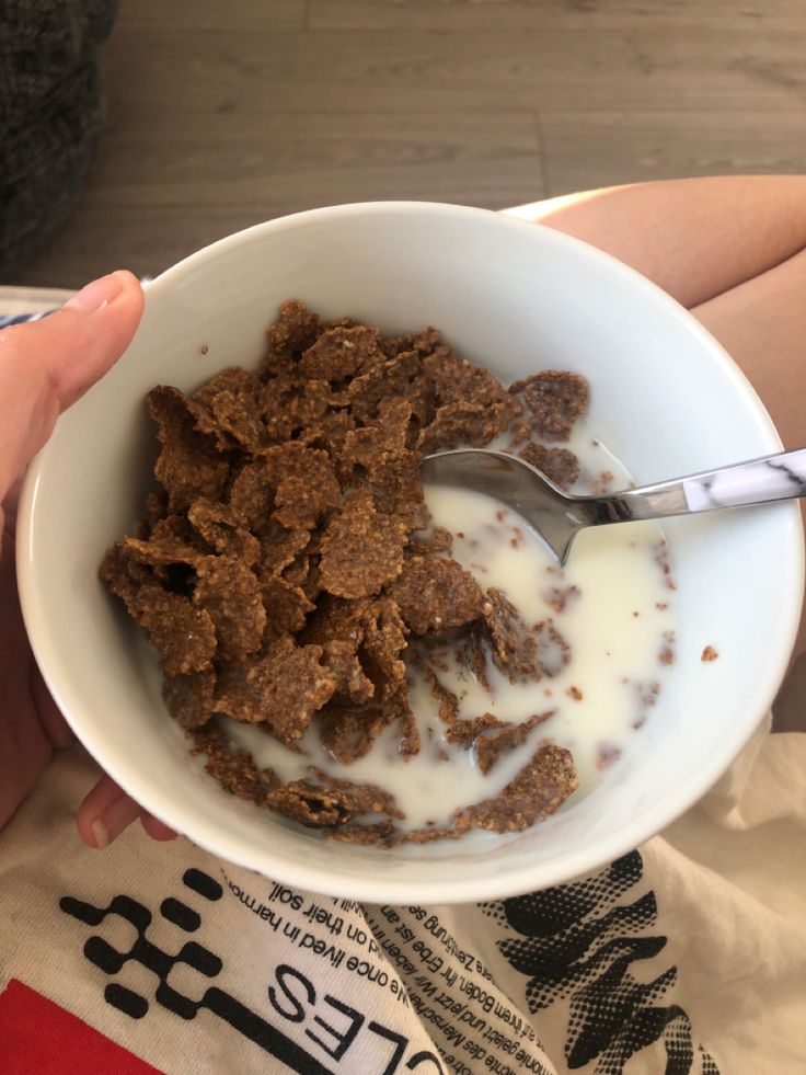 a person holding a bowl of cereal with milk and oatmeal in it