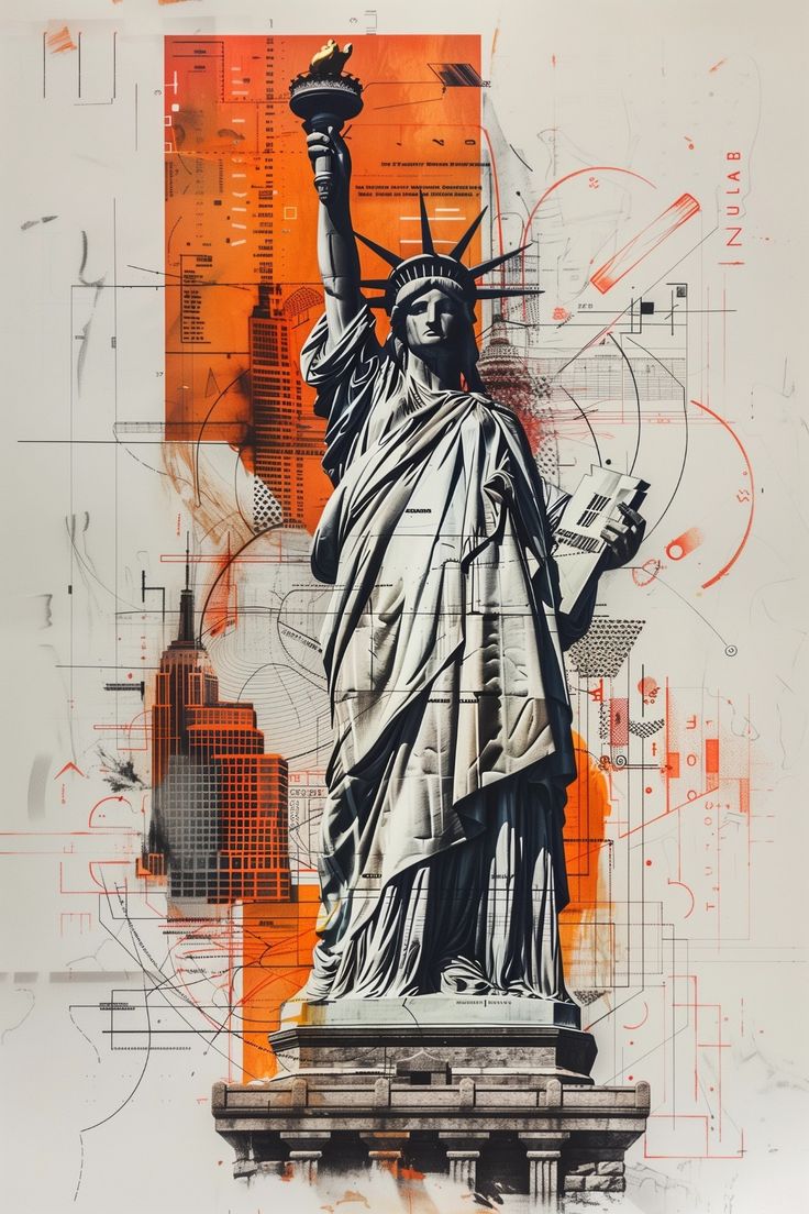 the statue of liberty is depicted in this artistic painting