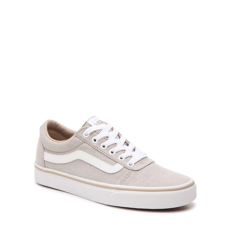 Upgrade your casual wardrobe with these women's Vans taupe Ward sneakers. Constructed using a canvas upper, these low-cut sneakers have lace-up closure with tonal stitching details, a padded collar, soft lining, a cushioned insole and a vulcanized rubber outsole. | Vans Women's Ward Sneaker in Taupe Size 6 Medium Dress Sandals Flat, Native Shoes, Women's Vans, Shoe Company, Retro Sneakers, Trail Shoes, Womens Vans, Vans Old Skool Sneaker, Vans Shoes