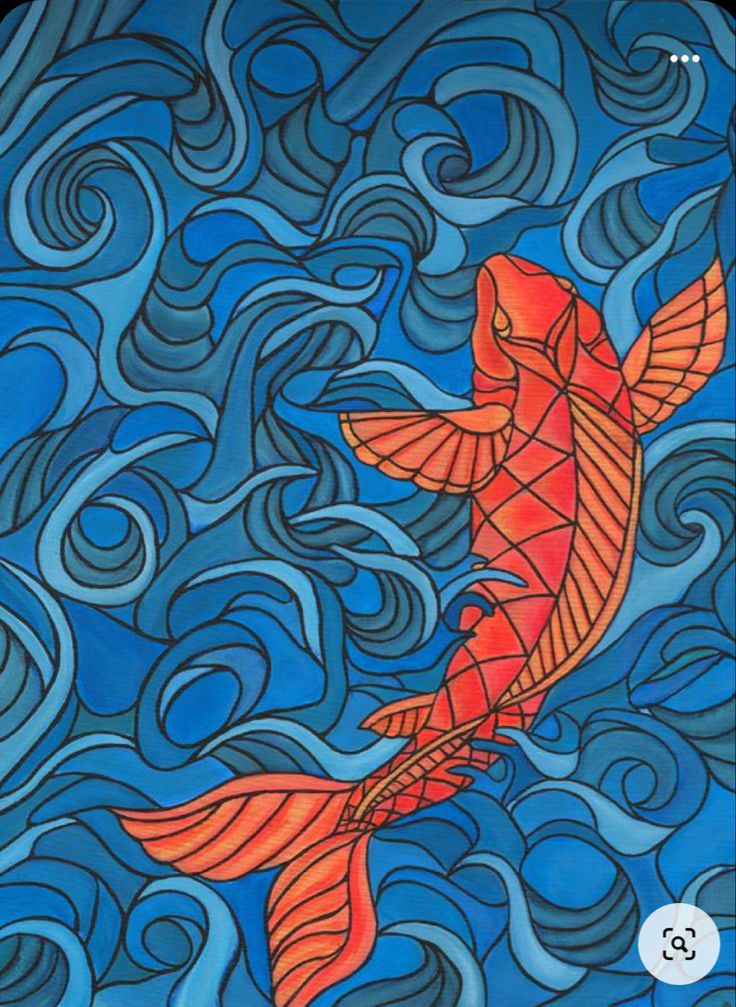 a painting of a goldfish in the water with blue swirls and waves behind it