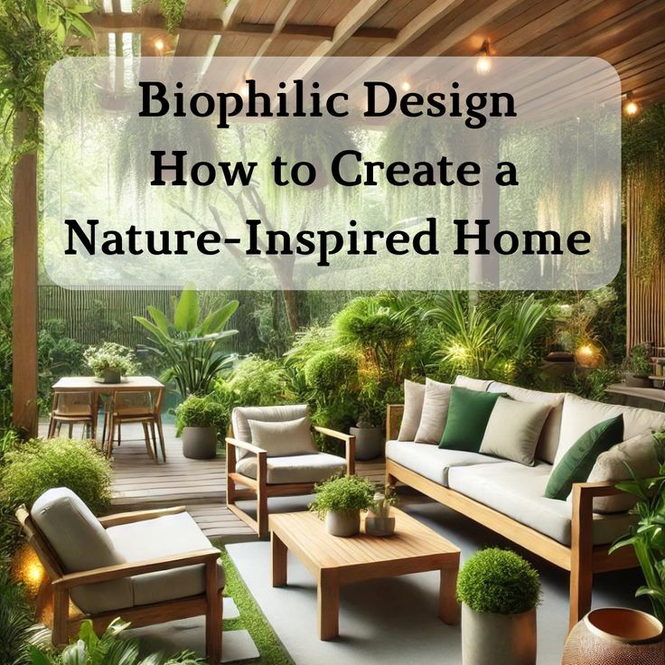 an outdoor living room with plants and furniture on the patio, text reads biophic design how to create a nature - inspired home