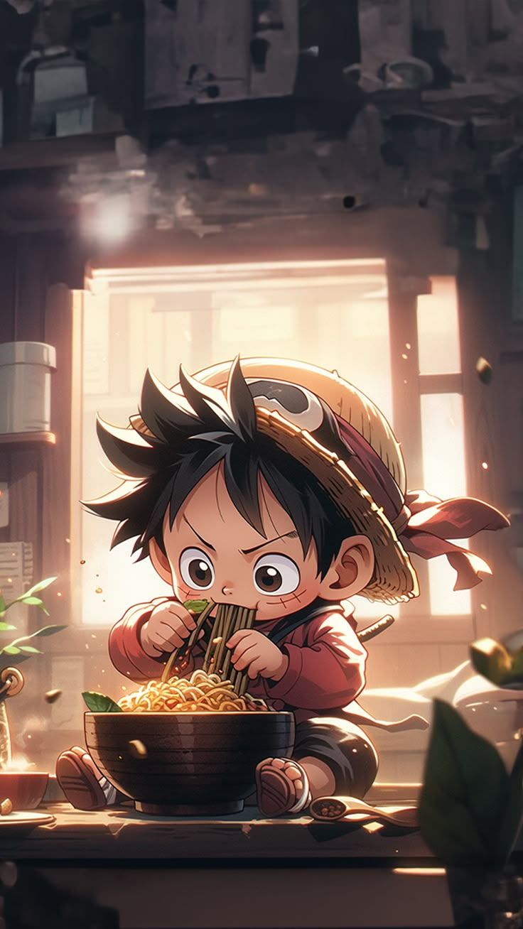 an anime character is eating noodles from a bowl