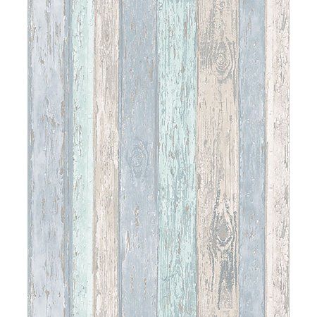 an old wooden wallpaper with paste blue and white stripes on the wood paneling