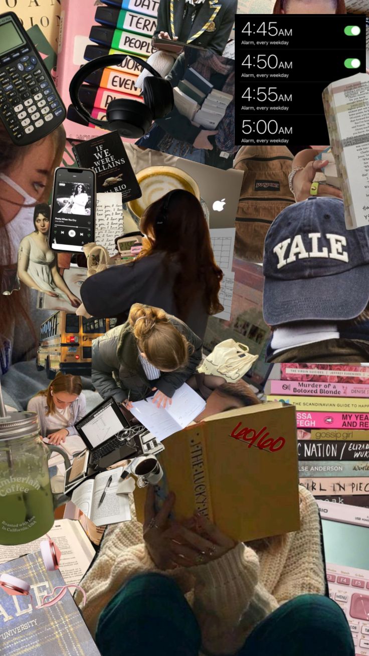 a collage of people with cell phones, books and other things on them are shown