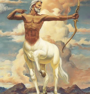 a painting of a man with a bow and arrow on top of a horse in the sky